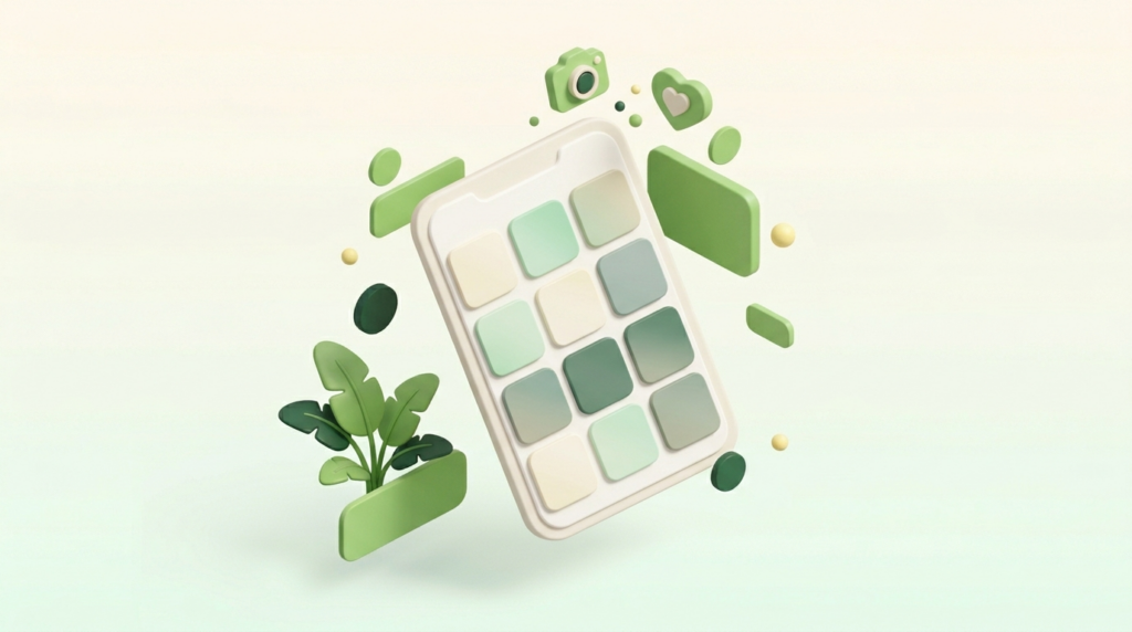 3D illustratie van smartphone met Social Media afmetingen en groene interface-elementen voor mobiele content