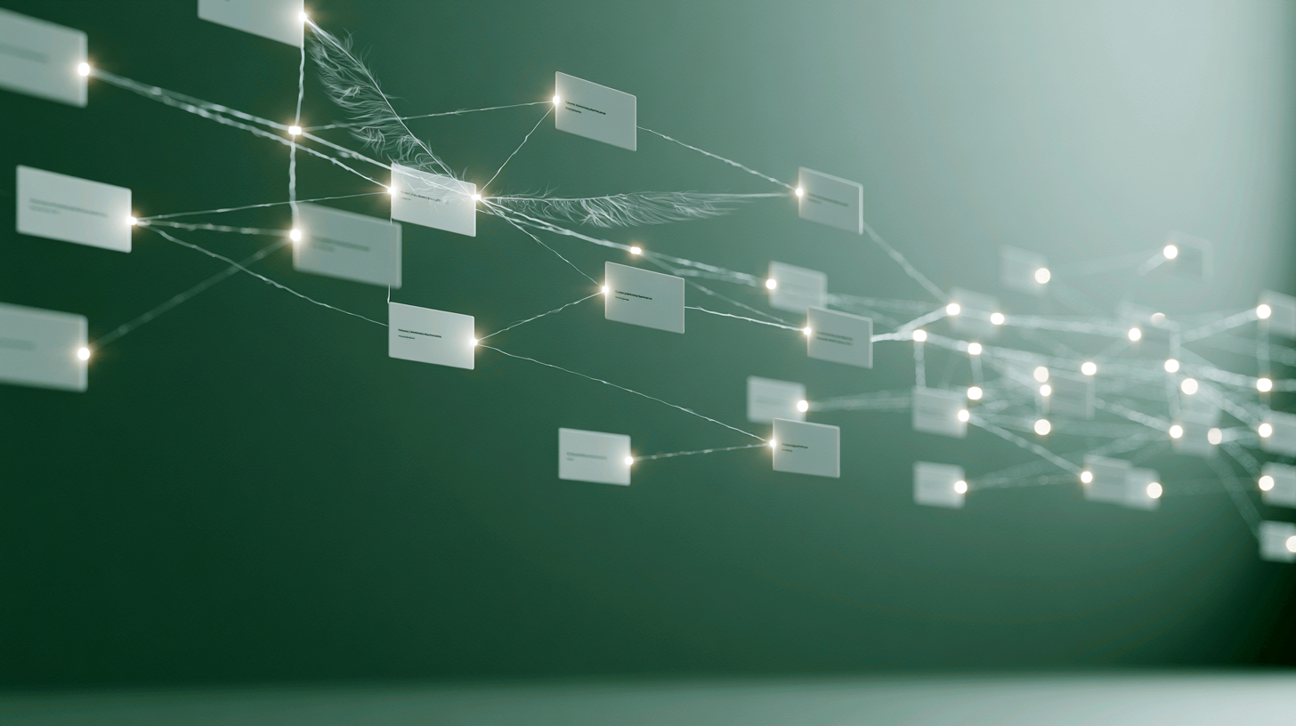 Abstract datanetwerk met verbonden knooppunten en gelabelde kaarten die door AI worden gelezen, in groene tinten met subtiel vleugelmotief