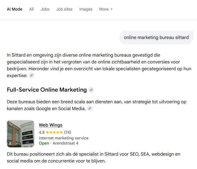 AI-mode van Google SGE met samenvatting van lokale marketingbureaus in Sittard en bijbehorende