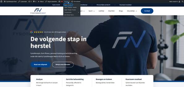 Oxygen-menu in de WordPress-adminbalk met de optie Open Home om de builder te starten