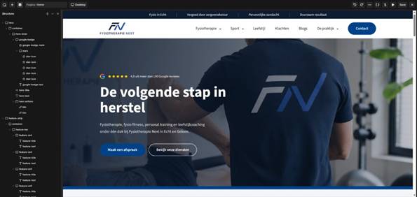Interface van Oxygen 6 Builder met het structuurpaneel links en de pagina in het midden