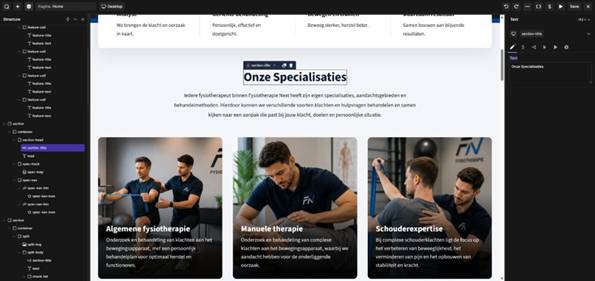 Titel geselecteerd in Oxygen 6 Builder met rechts het tekstveld in het Content-tabblad