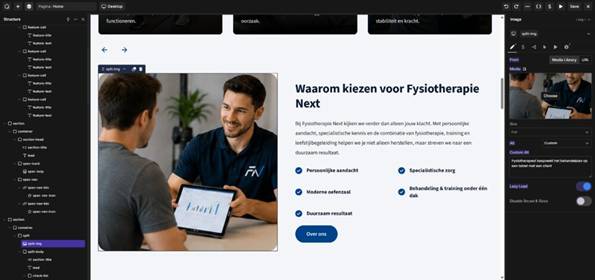 Afbeelding geselecteerd in de builder met de keuze tussen mediabibliotheek en URL