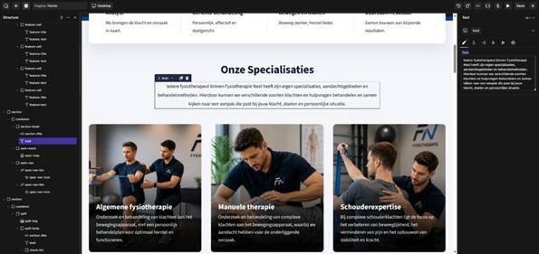 Tekstelement geselecteerd in de builder met het tekstveld in het Properties-paneel