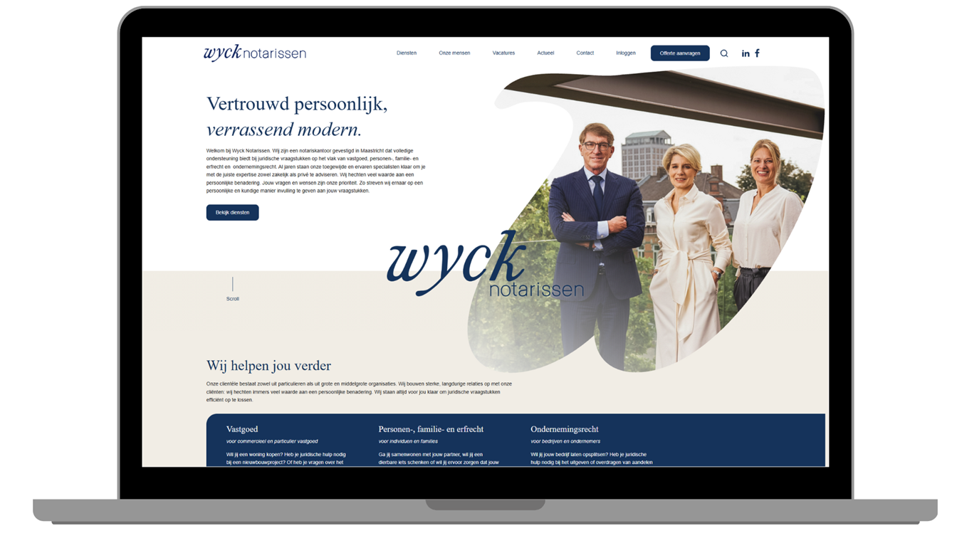 Laptopbeeld met de website van Wyck Notarissen zichtbaar op het scherm