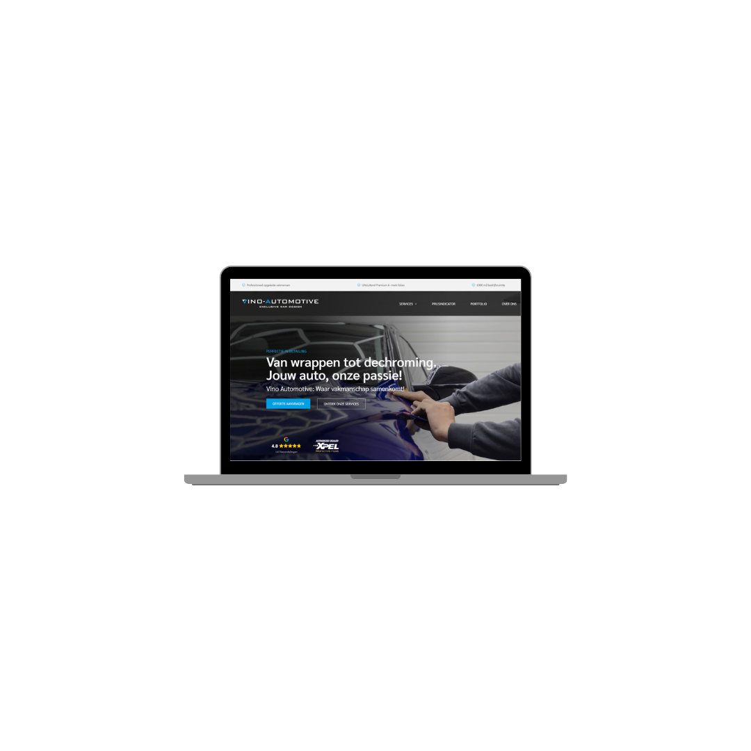 De website van Vino Automotive op een laptopscherm.