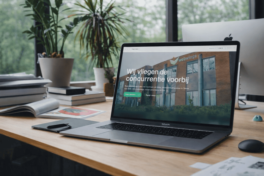 Laptop met website van marketingbureau op bureau in kantooromgeving, passend bij Google SGE en online zichtbaarheid